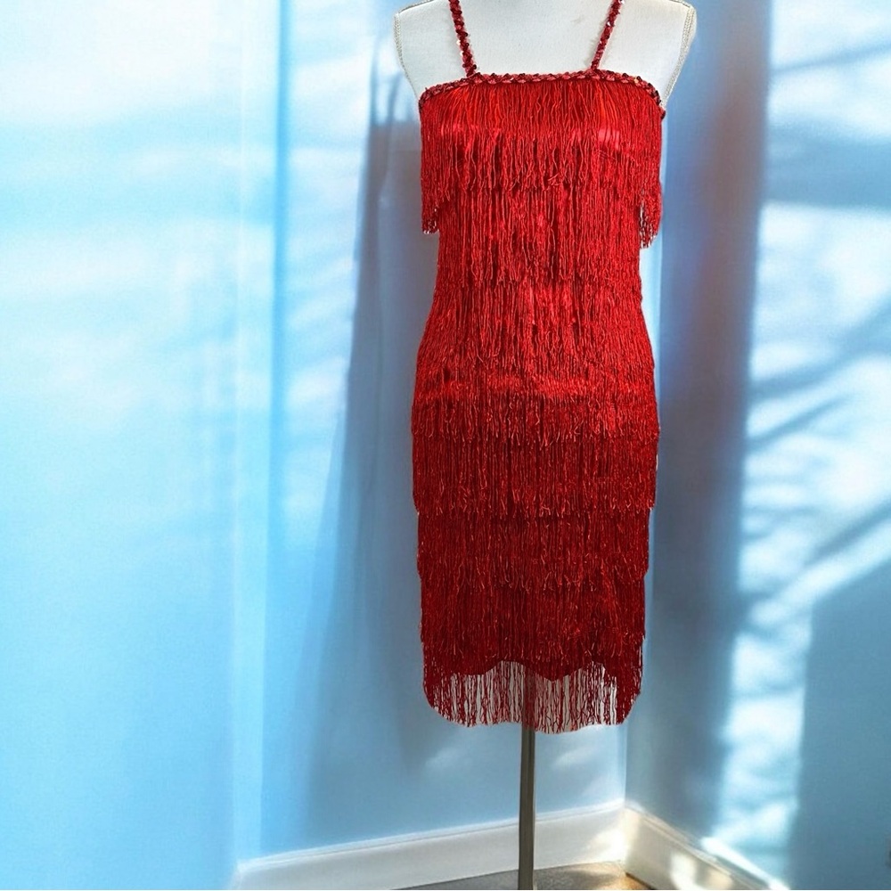 Vtg Red Flapper Tassels Fringe Gatsby 20s Sequins Mini Dress Dance Costume sz S